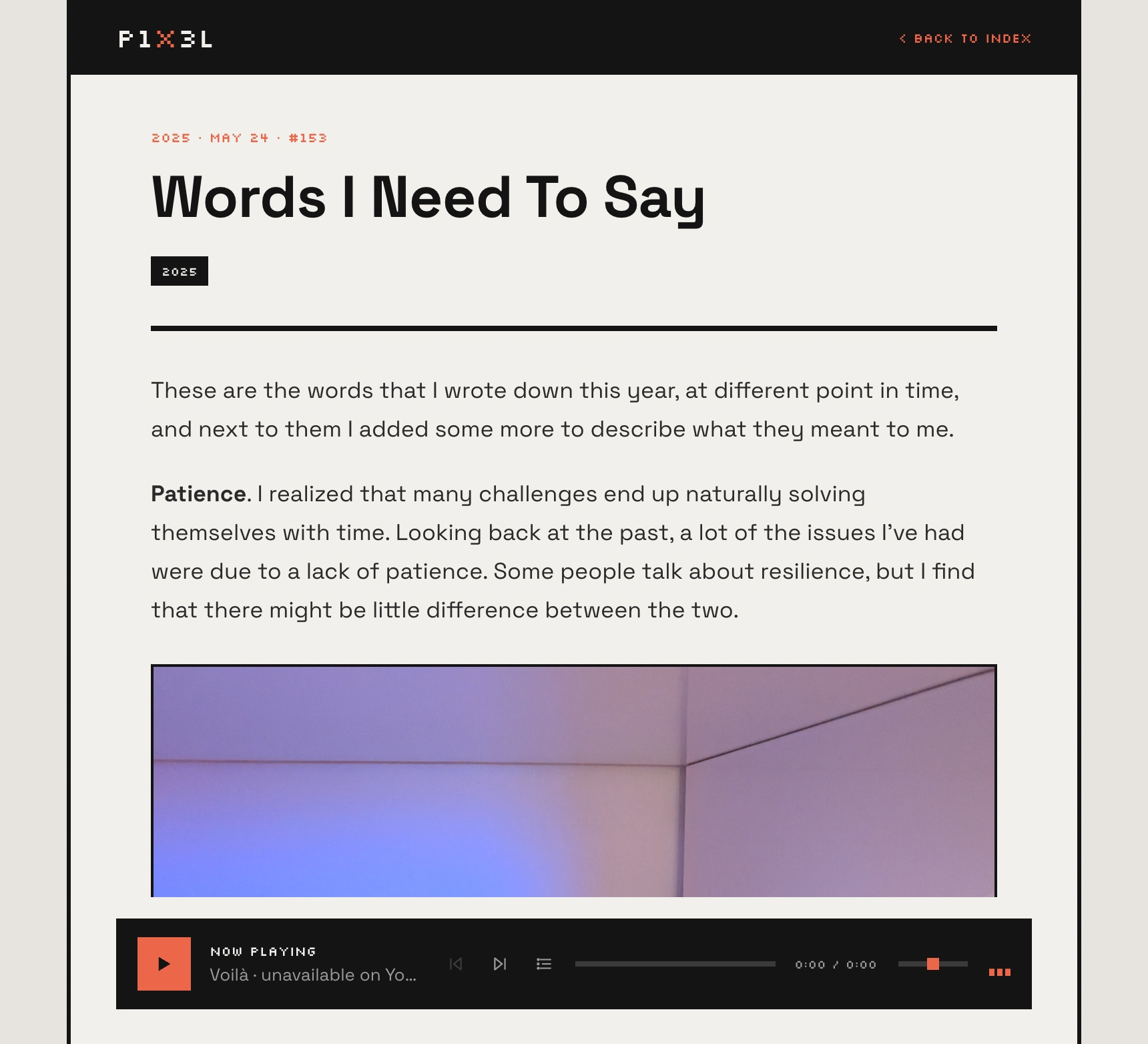 An article in the October 2026 P1X3L design, showing the title, date, cream background, photograph, and music player.