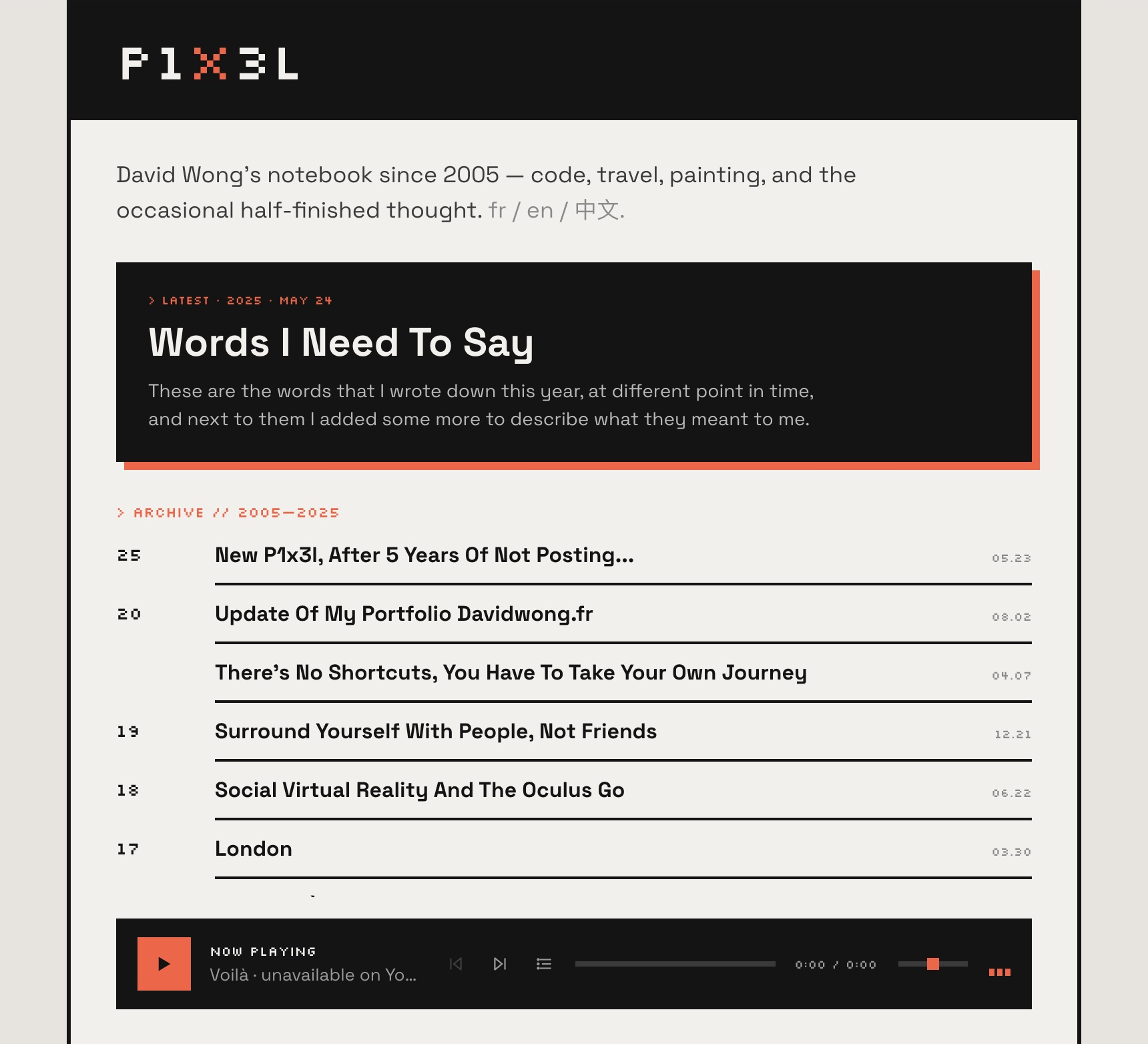P1X3L homepage in October 2026, with its pixel logo, orange featured post, archive grouped by year, and music player.